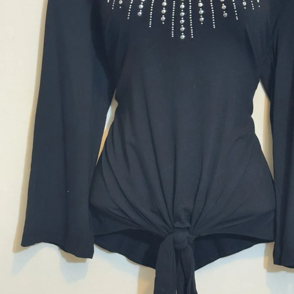 H-161 JM Collection Black Embellished Tie Front Long Sleeve Pullover Blouse‎ - Picture 2 of 14